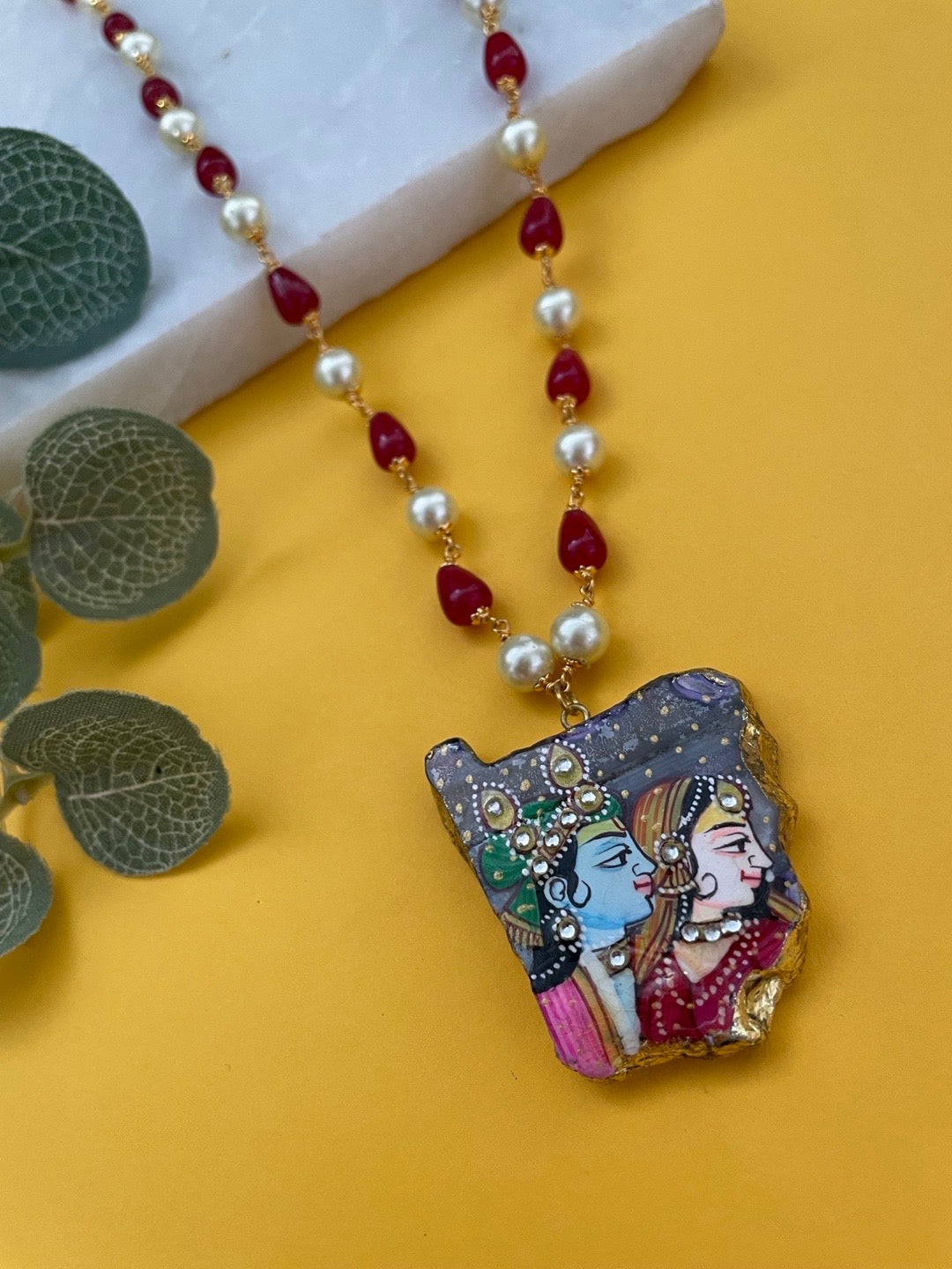 Unique Beautiful Multi Color Hand-Painted Radha Krishna Pendent Necklace with Red Beads & White Pearls