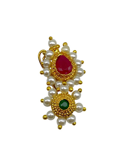 Gold Plated Maharashtrian Nath Nose Pin Red & Green Colour with Pearls