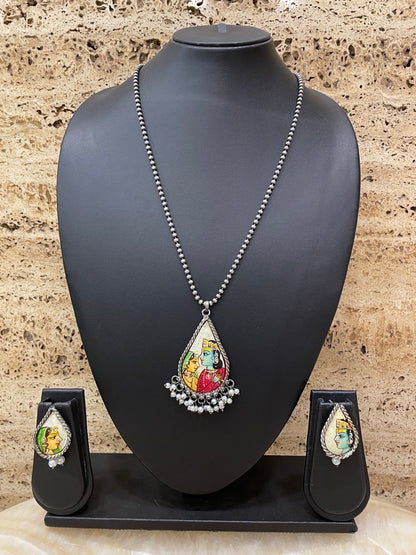 Hand-Painted Silver Plated Radha Krishna Necklace Set with Pearls