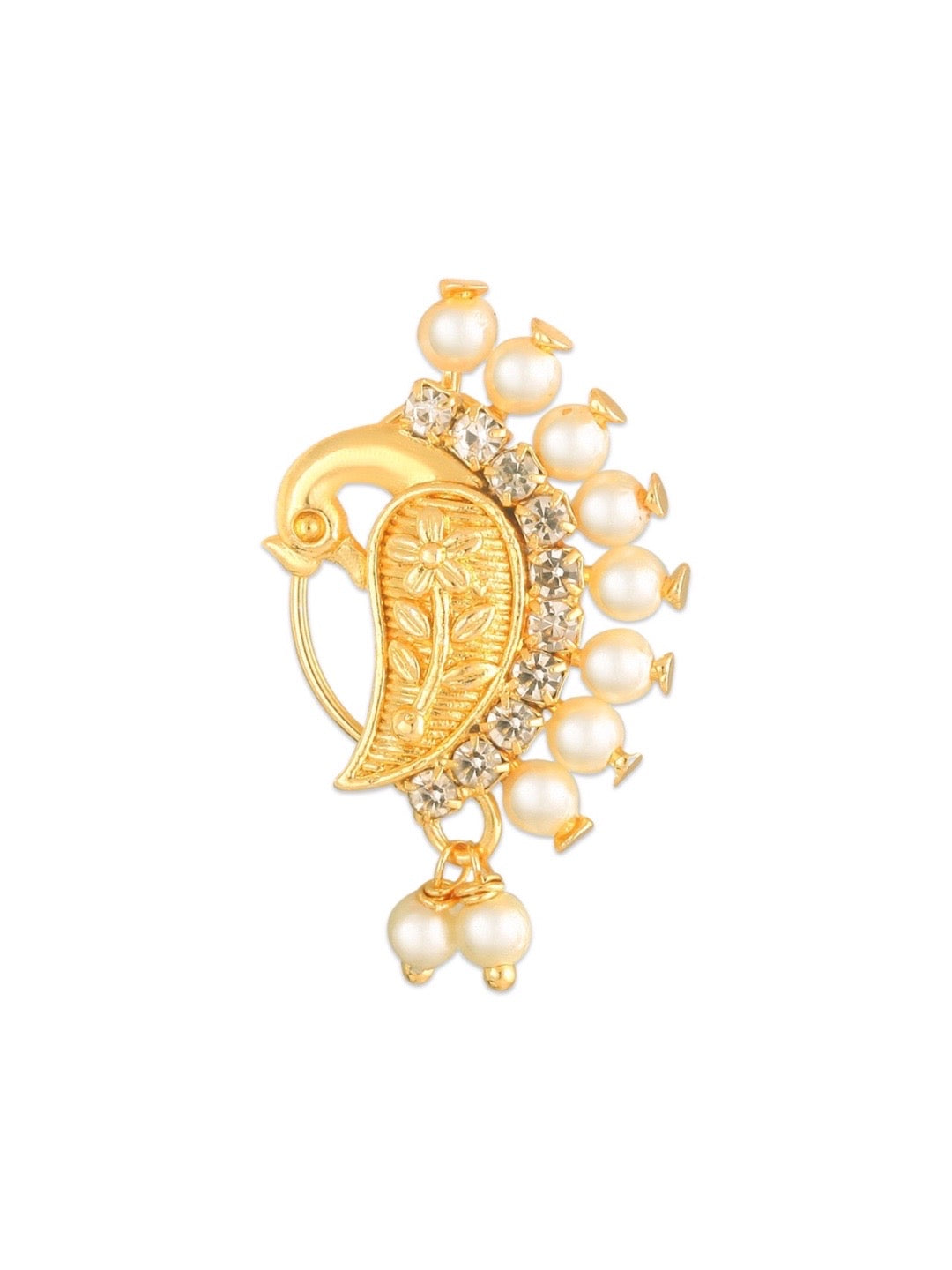 Gold Plated Maharashtrian Nath Peacock Design Nose Pin with Pearls