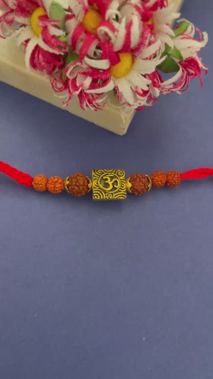 Designer Chandan & Tulsi Rakhi Om Designs With Rudraksha Beads Red Thread Rakhi For Raksha Bandhan