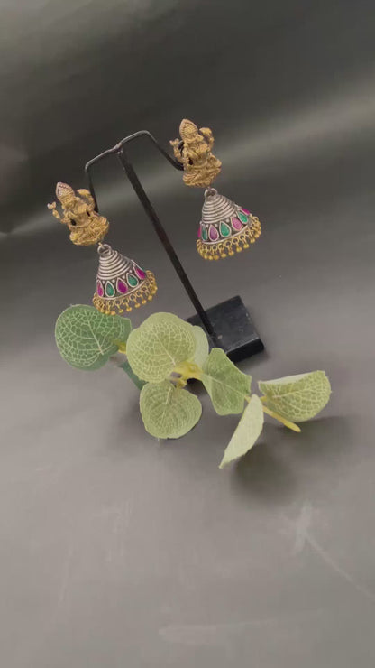 Gold & Silver Laxmi Jhumka Earrings with Red & Green Stones