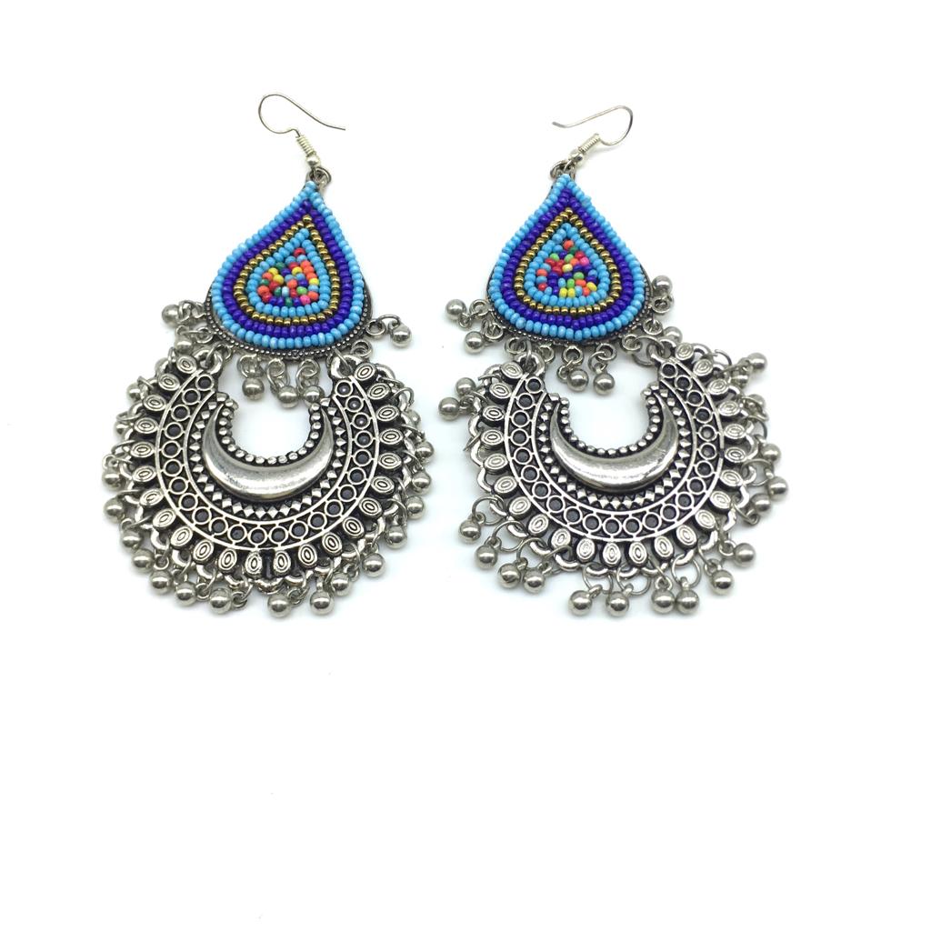 Afghani Jewellery Silver Oxidised Chandbali Earrings And Rings For Women  And Girls (Multicolor)