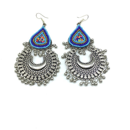 German Oxidized Afghani Silver Chand Multicolor Beads Work Hook Earrings Ghungroo Chandbali Earring for Women Girl