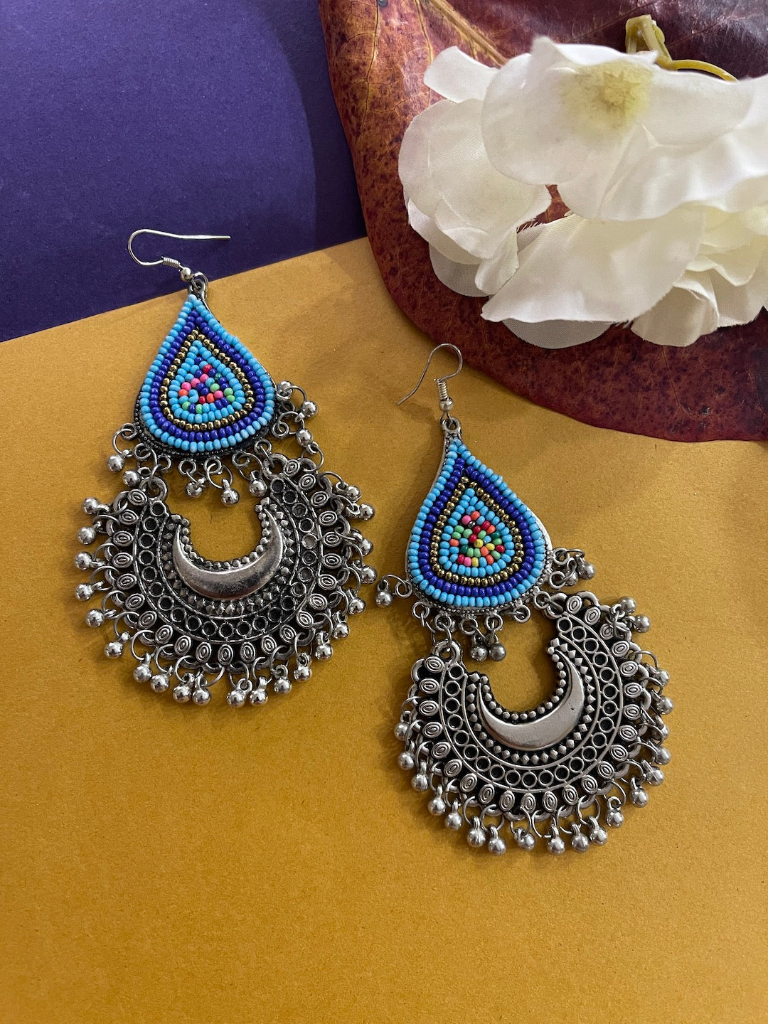 German Oxidized Afghani Silver Chand Multicolor Beads Work Hook Earrings Ghungroo Chandbali Earring for Women Girl