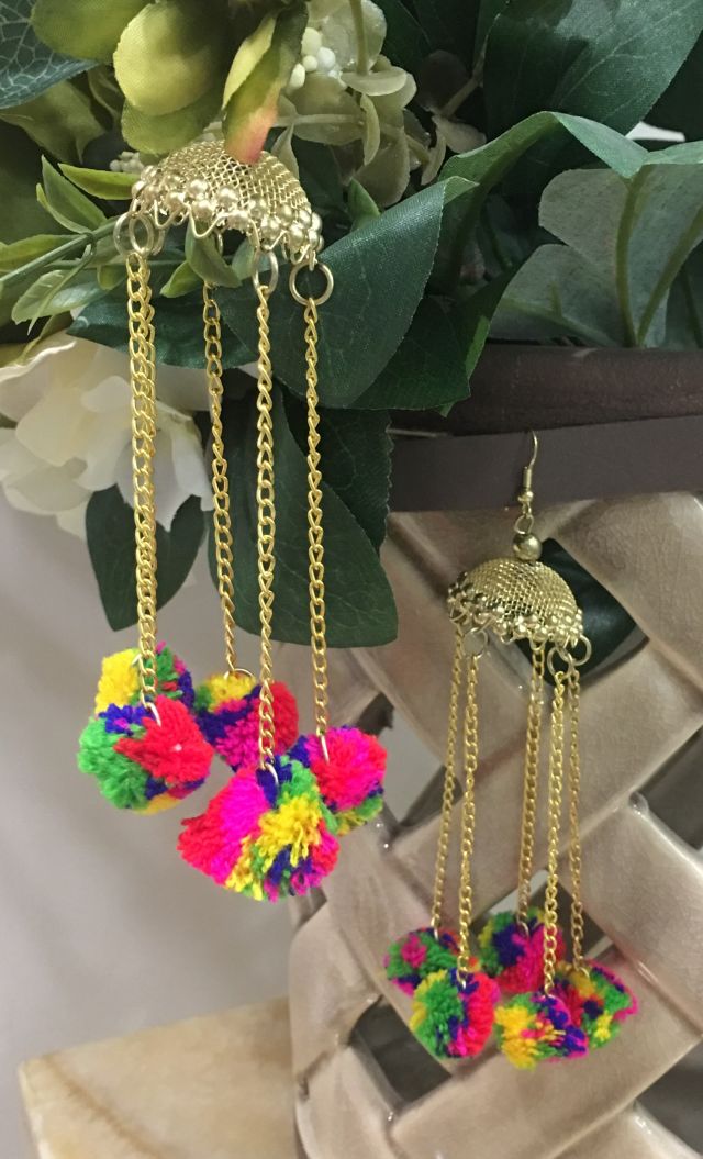 Women Costume/Fashion Jewellery Light Weight Long Jhumki Earrings Gold Chains Multicolor Pompoms