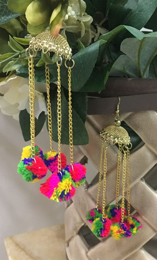 Women Costume/Fashion Jewellery Light Weight Long Jhumki Earrings Gold Chains Multicolor Pompoms