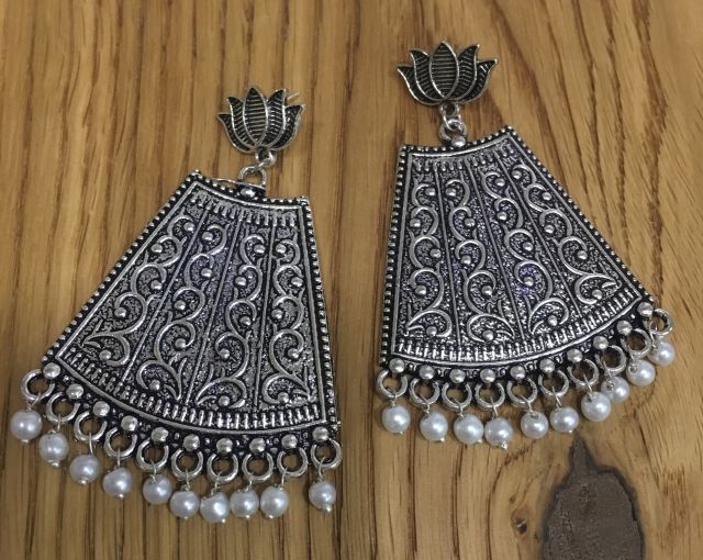 Women Costume/Fashion Jewellery Light Weight Handmade Moghal Long Silver Earrings Hanging Beads