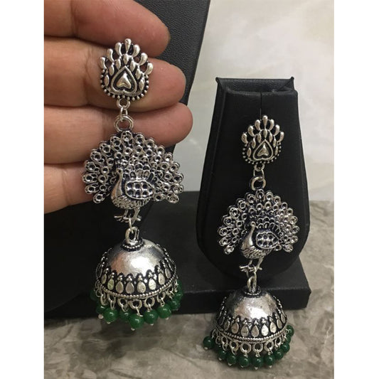 Women Costume/Fashion Jewellery Light Weight Long Jhumki Silver Earrings Peacock Dangling Beads