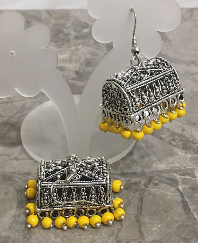 Women Costume/Fashion Jewellery Hand Carved White Oxidised Rectangle Jhumki Earrings With Dangling Beads