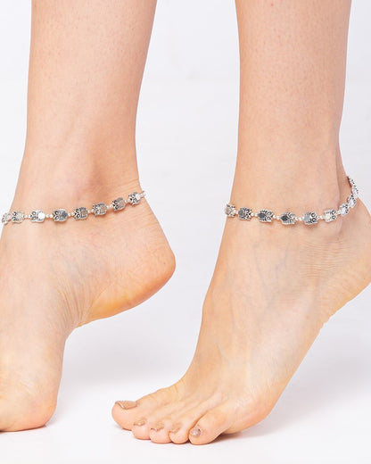 German Oxidised Silver Anklets Owl Engraved Payal with Silver Plating & Beads Design Foot Jewellery