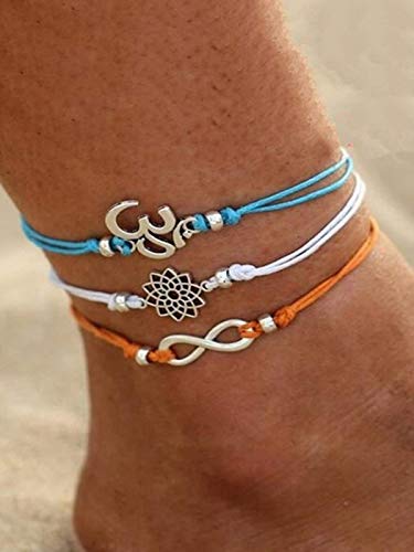Digital Dress Room (Set of 3) Oxidized Silver Plated Om Lotus Flowers & Infinite Multi-Colour Thread Hand Made Adjustable Size Anklets for Girls & women