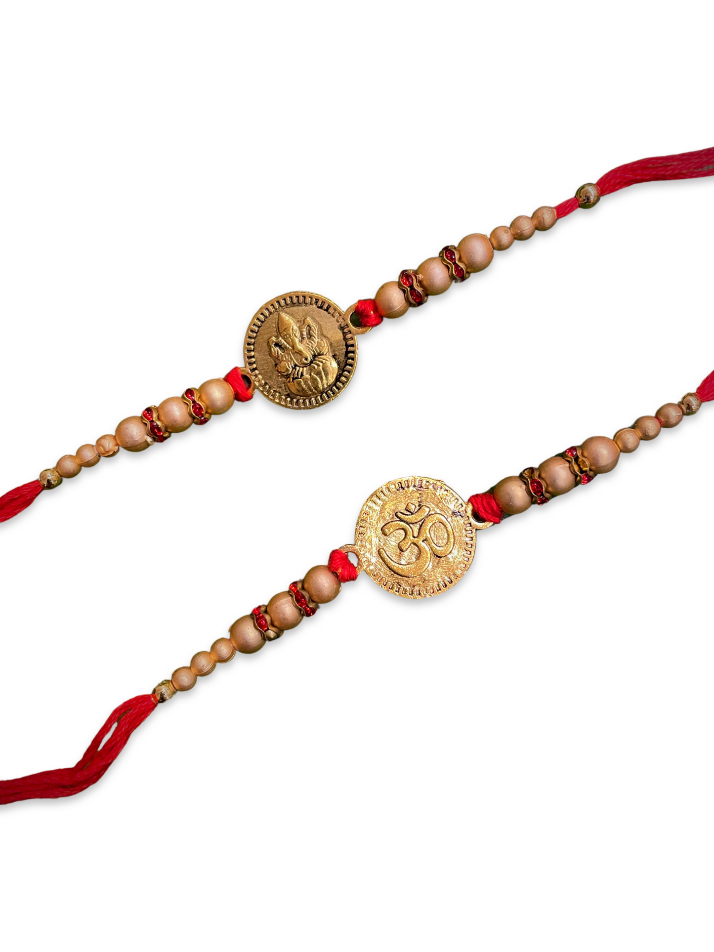 (Combo of 2) Fancy Rakhi Designs OM/Ganesha Engraved Coins Pendant Gold Beads Mauli Raksha Bandhan