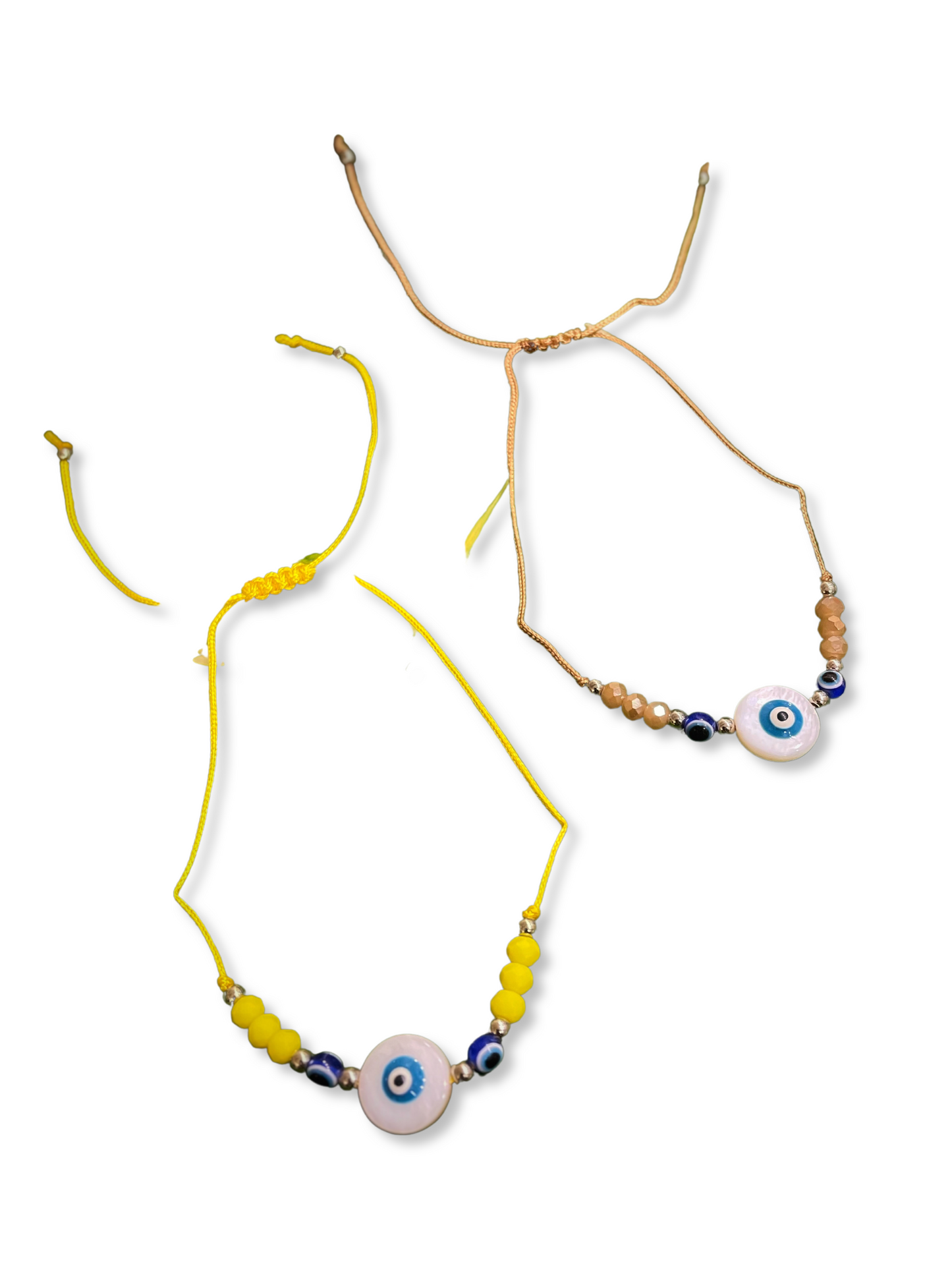 (Combo of 2) Fancy Designs White Evil Eye Pendant Beads & Yellow/Brown Bracelets