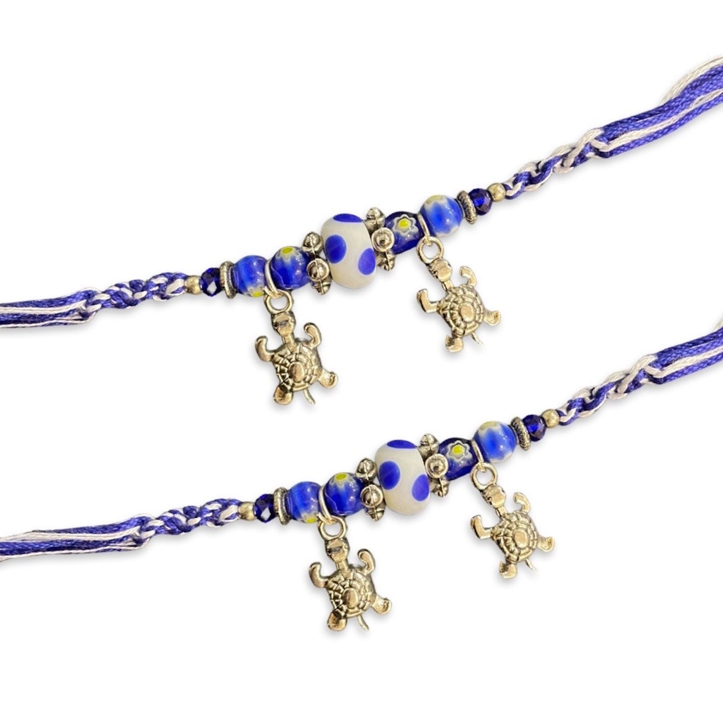 (Rakhi Set of 2) Designer Rakhi Blue Beads With Tortoise Charm On multicolour Thread Rakhi