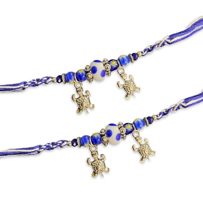 (Rakhi Set of 2) Designer Rakhi Blue Beads With Tortoise Charm On multicolour Thread Rakhi