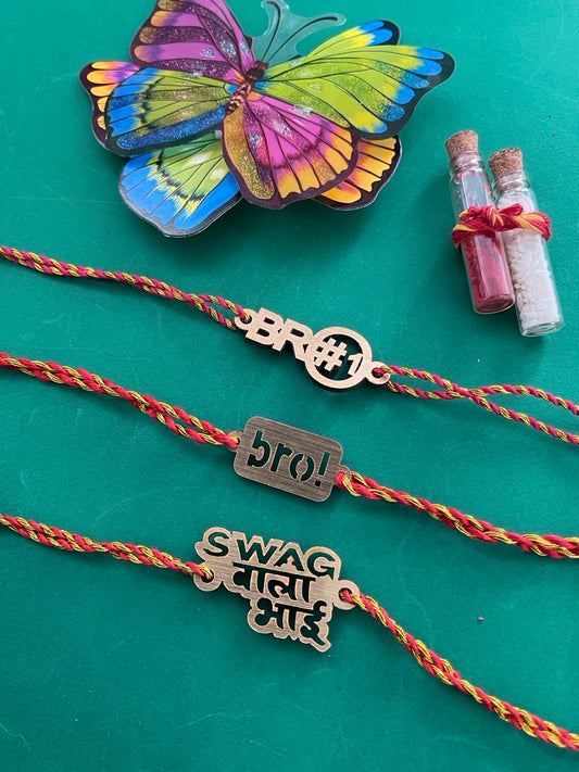 (COMBO of 3) Latest Rakhi Design with Funky Slogan bro!/Swag Wala Bhai/BRO#1 Multicoloured Mauli Raksha Bandhan