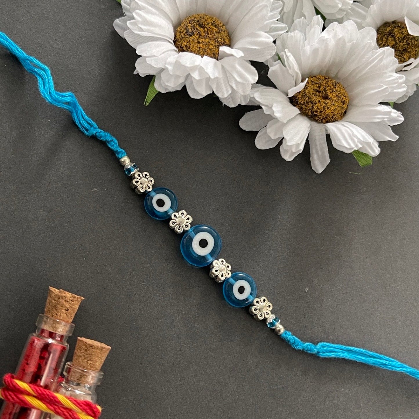 Fancy Evil Eye Rakhi Designs Nazariya with Flower Turkish Charm Mauli Raksha Bandhan