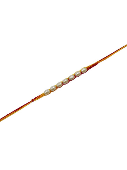 (Rakhi Set of 3) Simple White Pearl Rakhi With Red/Yellow Mauli Thread For Raksha Bamdhan