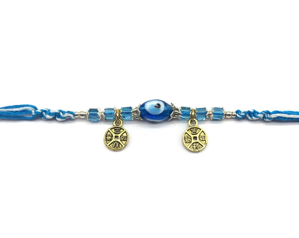 Blue Evil Eye Beads Rakhi for Men Gold Plated Round Pendant Rakhi