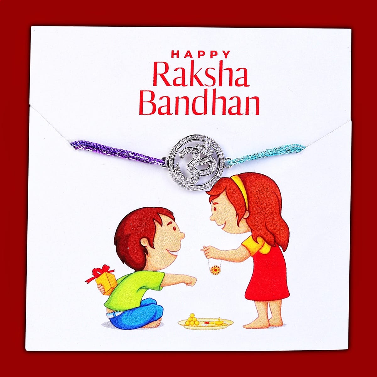 Fancy Rakhi Silver Plated American diamond Om Design Multicolor Thread Rakhi For Raksha Bandhan