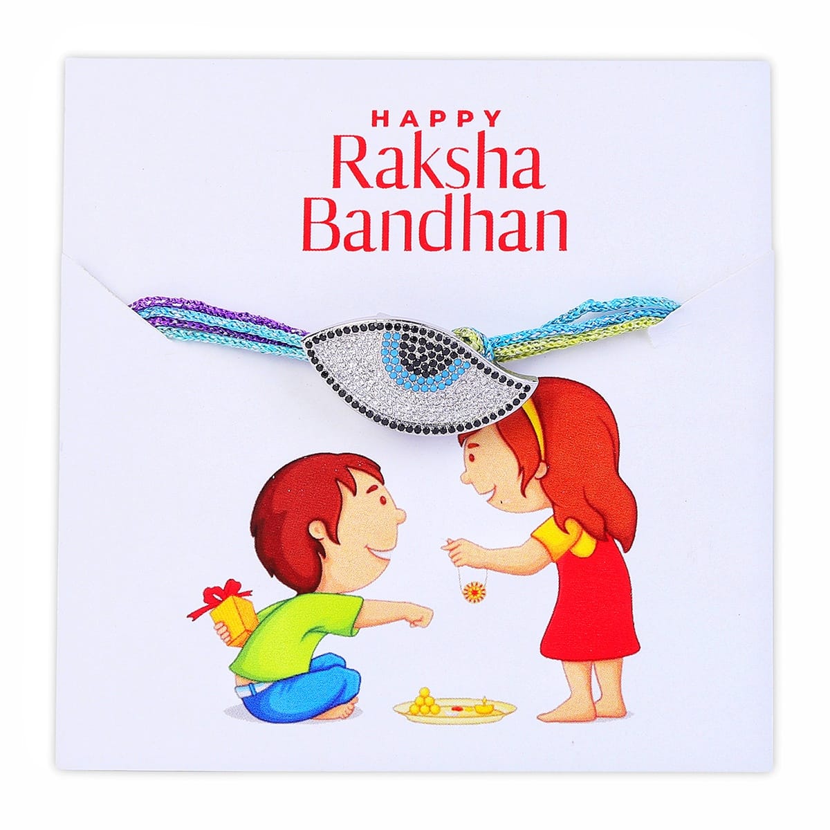 Fancy Evil Eye Rakhi Designs with American Diamond Studded Multicoloured Mauli Thread Raksha Bandhan