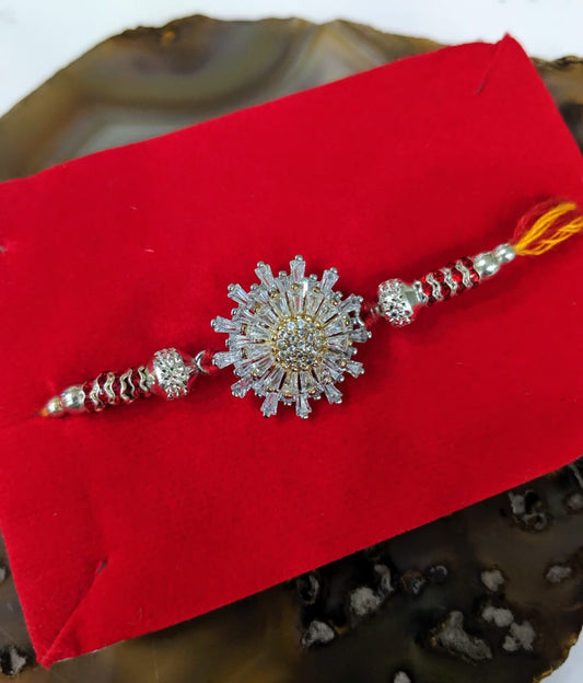 Digital Dress Room Silver Rakhi With American Diamond Red Stone Beads Multicolor Thread Fancy Rakhi For Men