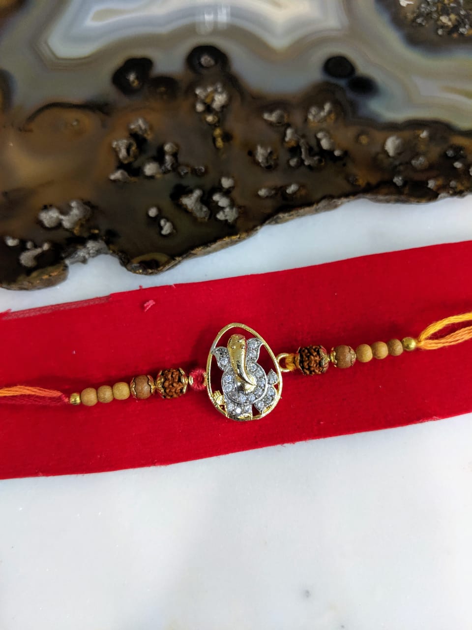 Digital Dress Room Gold Plated Rakhi with American Diamond Ganesh Ji Designer Rudraksha Beads Thread Rakhi