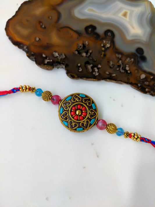 Digital Dress Room Golden Rakhi Round Pendant Beads Multicolor Thread Designer Rakhi For Men