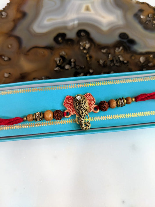 Digital Dress Room Gold Plated Rakhi with Ganesh Ji Rudraksha Wood Beads Multicolor Thread Rakhi for Men