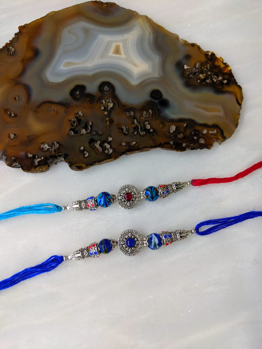 Digital Dress Room (Set of 2) Tibetan Silver Plated Multicolor Gemstone Thread Rakhi For Men