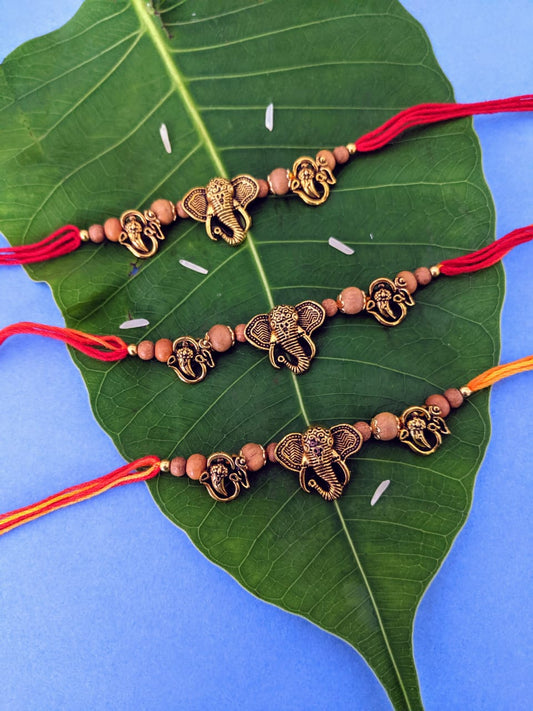 Digital Dress Room (Set of 3) Designer Rakhi with Gold Plated OM Ganpati Bappa Tulsi Beads Thread Rakhi