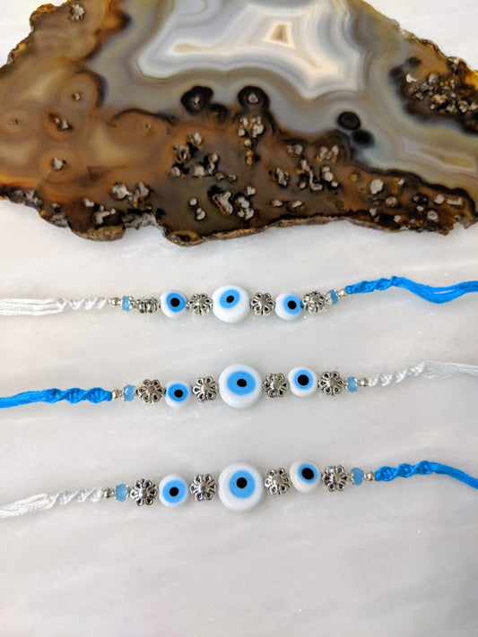 Digital Dress Room (Set of 3) Blue Evil Eye Rakhi for Men Silver Plated Flower Beads Rakhi