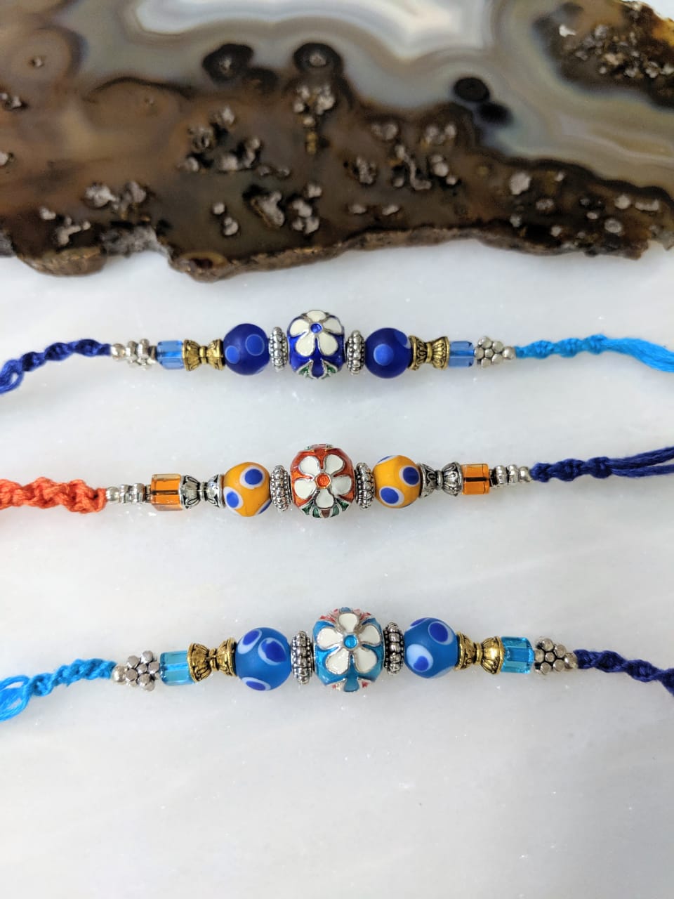 Digital Dress Room (Set of 3) Flower Rakhi for Men Blue Orange Beads Multicolor Thread Rakhi