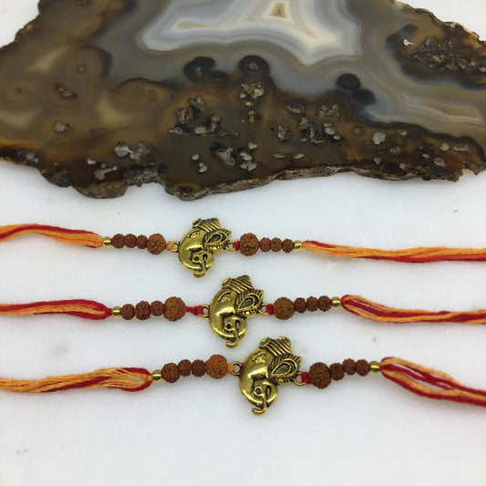 Digital Dress Room (Set of 3) Ganesh Ji Rakhi for Men Gold Rudraksha Beads Rakhi