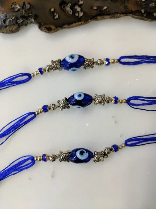 Digital Dress Room (Set of 3) Navy Blue Evil Eye Rakhi with Tortoise Designer Silver Beads Thread Rakhi For Men