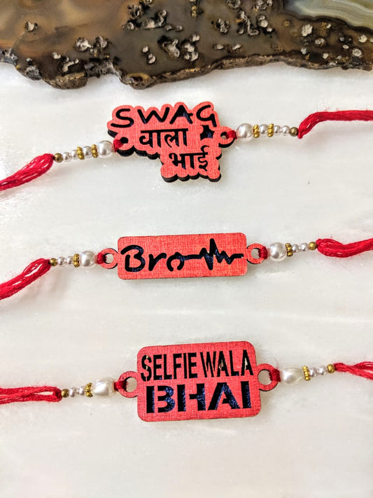 Digital Dress Room (Set of 3) Red ThreadÊRakhi with Selfie Wala Bhai/ Brother / Swag Wala Bhai Slogan White Pearls Rakhi