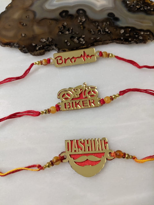 Digital Dress Room (Set of 3) Golden Rakhi with Biker/ Dashing/ Brother Slogan Beads Red Thread Rakhi for Men