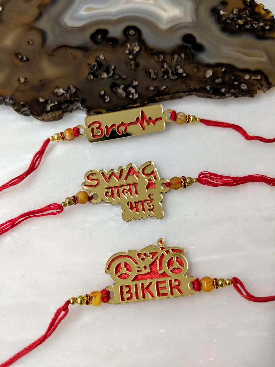 Digital Dress Room (Set of 3) Golden Rakhi with Biker/ Brother/ Swag Wala Bhai Slogan Beads Red Thread Rakhi