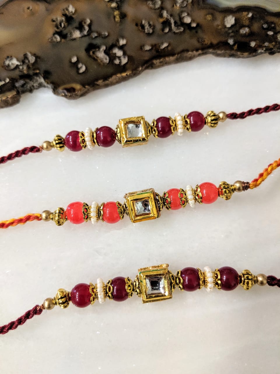 Digital Dress Room (Set of 3) Kundan Rakhi with Red & Orange Beads Thread Rakhi For Men