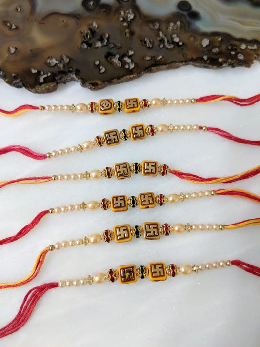 Digital Dress Room (Set of 6) Om & Swastik Rakhi for Men Gold Plated White Pearl Rakhi