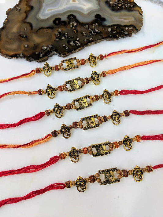 Digital Dress Room (Set of 6) Ganesh Ji Rudraksha Rakhi for Men Gold Plated Beads Rakhi