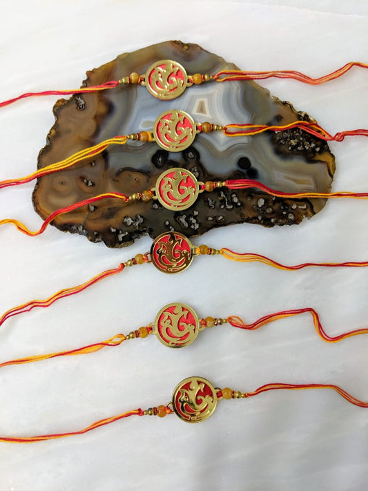 Digital Dress Room (Set of 6) Gold Plated Rakhi with Ganesh Ji & Beads Red Thread Rakhi For Men