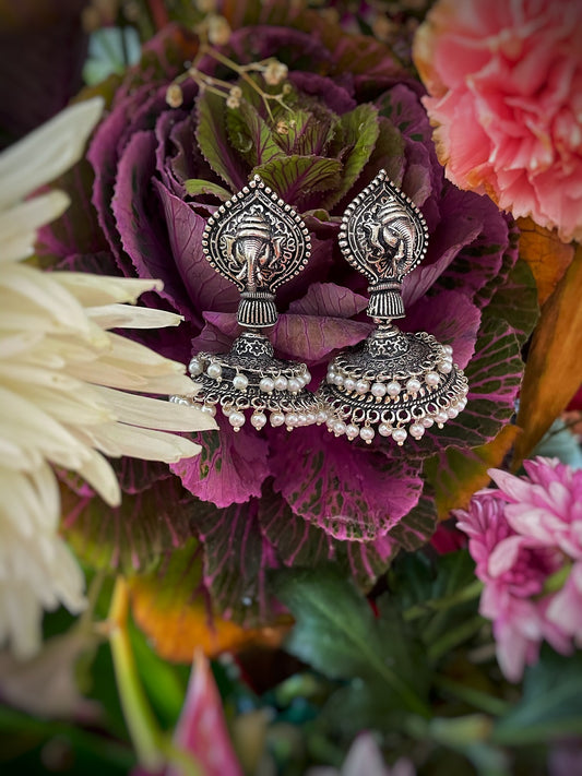German Oxidized Silver Earrings Antique Tribal Trendy Ganesha Engraved Lightweight Dangler Jhumka
