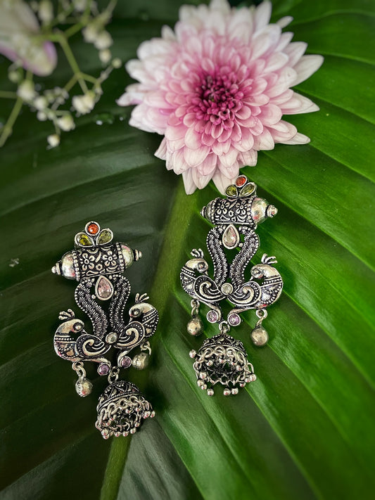 German Oxidized Silver Earrings Antique Tribal Peacock Design Engraved Lightweight Dangler Jhumka