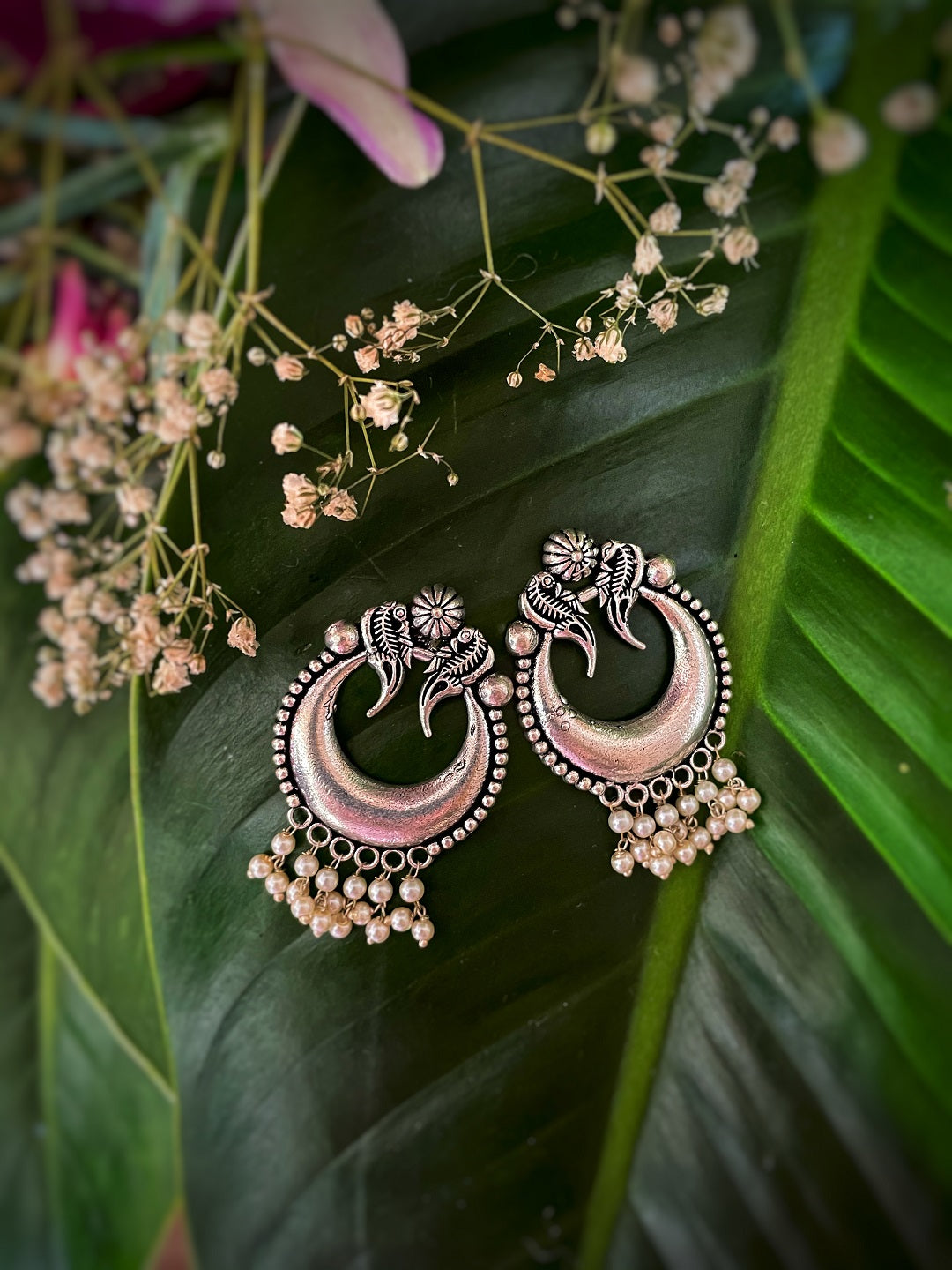 Antique German Silver Oxidized Earrings Chandbali Pearl Ghungroo Tribal Danglers