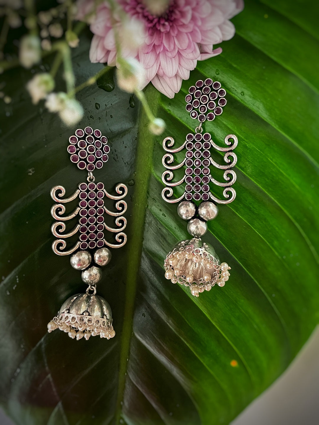 Noor Oxidized Floral Jhumka Earrings - Shop Online at Aza Fashions