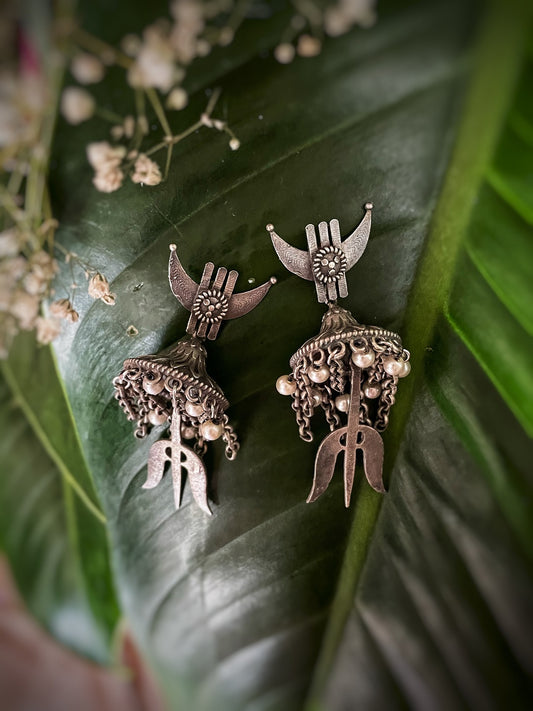 Antique German Silver Oxidized Earrings Chandbali Pearl Jhumkas Tribal Trishul Jhumki Earrings