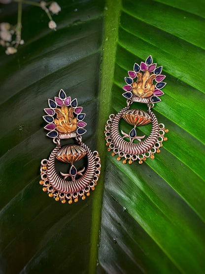 German Oxidized Silver Earrings Antique Ganesha Engraved Multicolor Stones Studded Gungroo Danglers