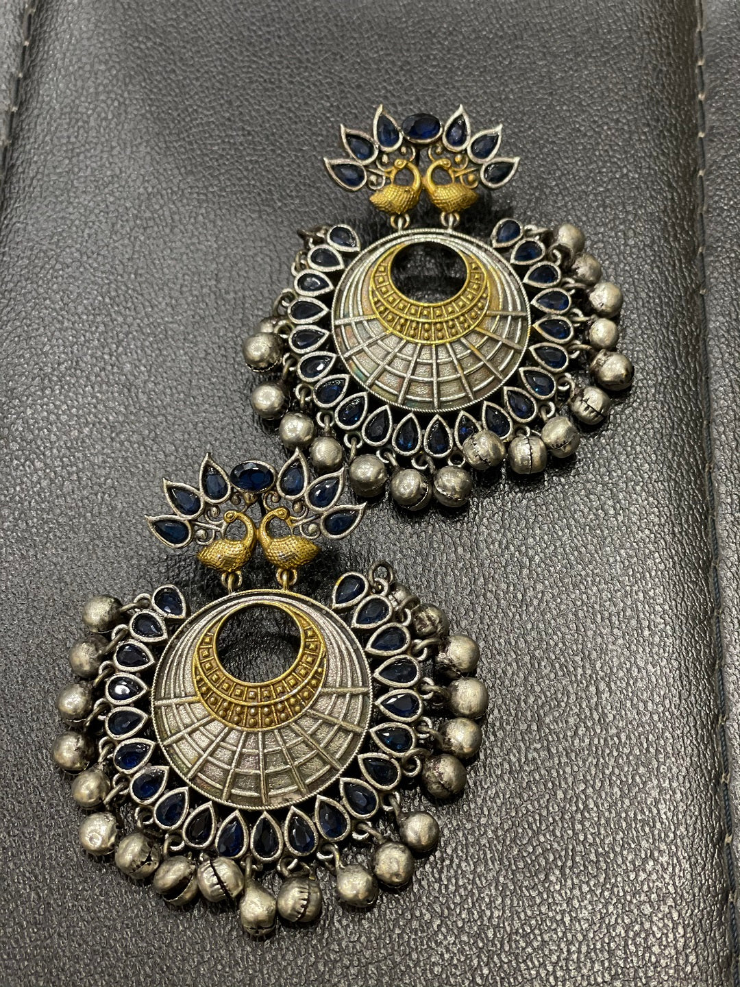 German Oxidized Silver Earrings Antique Tribal Peacock Design Stones Studded Gungroo Danglers